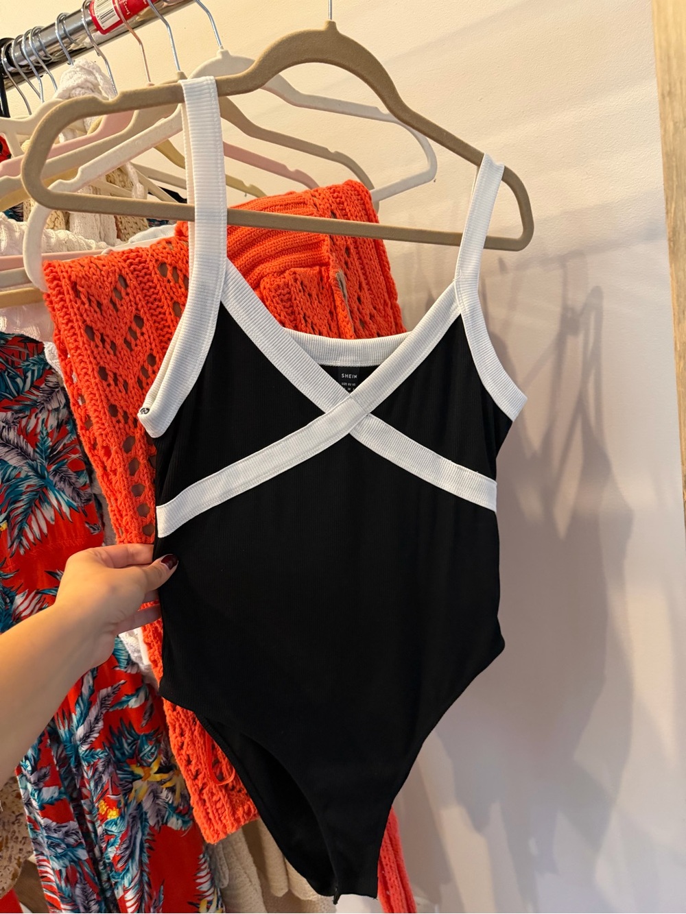 SHEIN Black Bodysuit with White Cross-Trim Straps